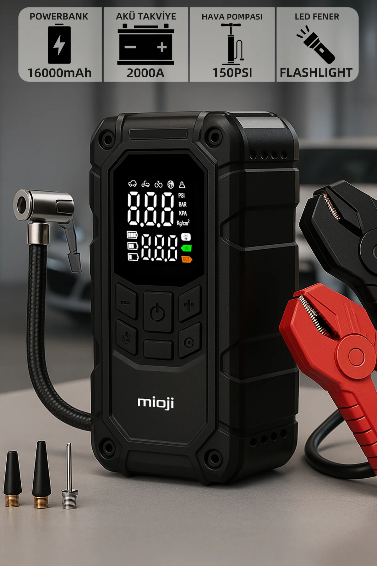 Mioji   D8H   Plus   2000A   16000mAh   Akü   Takviye+Hava   Pompası+LED   Fener+Powerbank